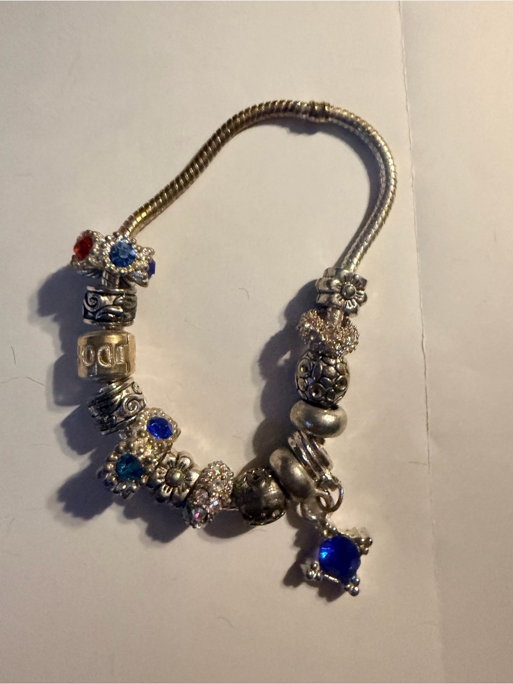 Silver Charm Bracelet with Blue and Multicolor Crystal Accents